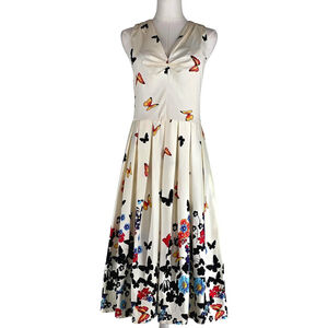 Whimsical Belle Poque Midi Dress Women M Ivory Butterfly Floral Sleeveless